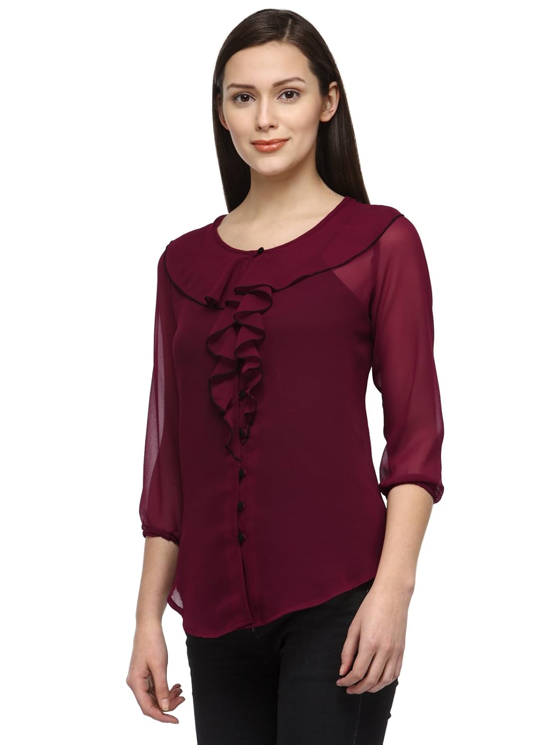 tunic nation women's wine 100% poly georgette frill top