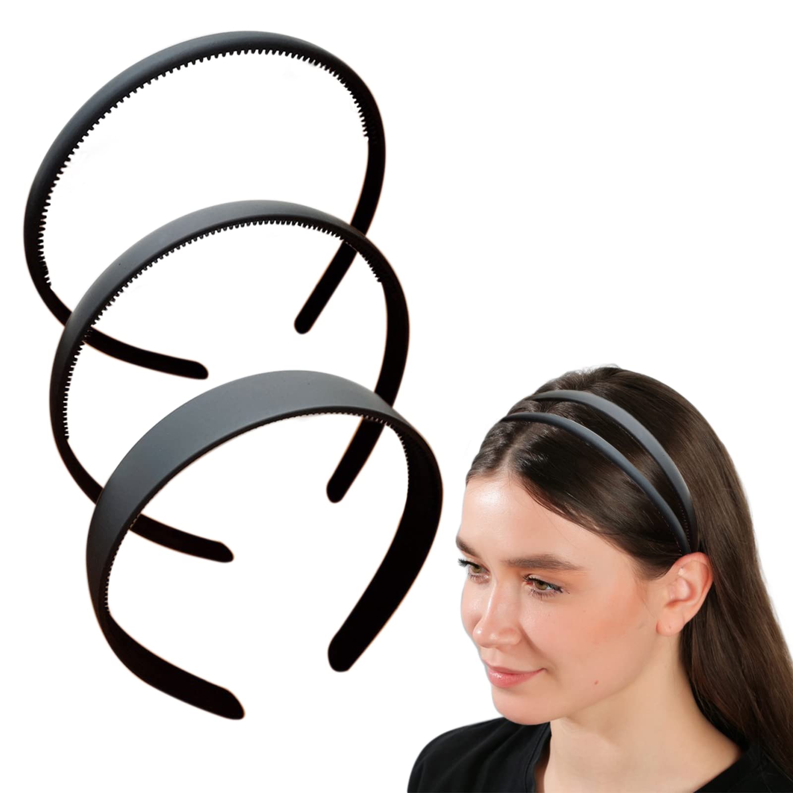 3 Pcs Headband for Women - Plastic Matte With Teeth Comb, Soft Plain and Simple Alice Headbands for Ladies and Girls, Non-Slip Hair Accessories (Black)