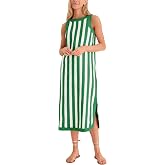 Yidarer Womens Striped Midi Dress Sleeveless Crewneck Side Slit Casual Summer Beach Vacation Sundress with Pockets