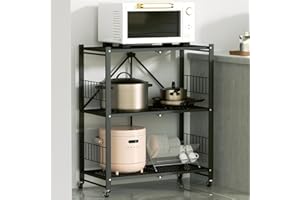 MOLYHOM Folding Storage Shelves, 3-Tier Metal Shelves with Wheels, Shelving Units and Storage Rack, Rolling Kitchen Cart on Wheels