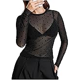 SHENHE Women's Polka Dots Sheer Mesh T Shirt Long Sleeve Round Neck Slim Fitted Streetwear Top