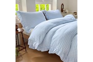 NSNLGSGC Light Blue Gingham Ruffle Duvet Cover Queen Size, 3 Pieces Soft Pre-Washed Microfiber Checked Plaid Comforter Cover 
