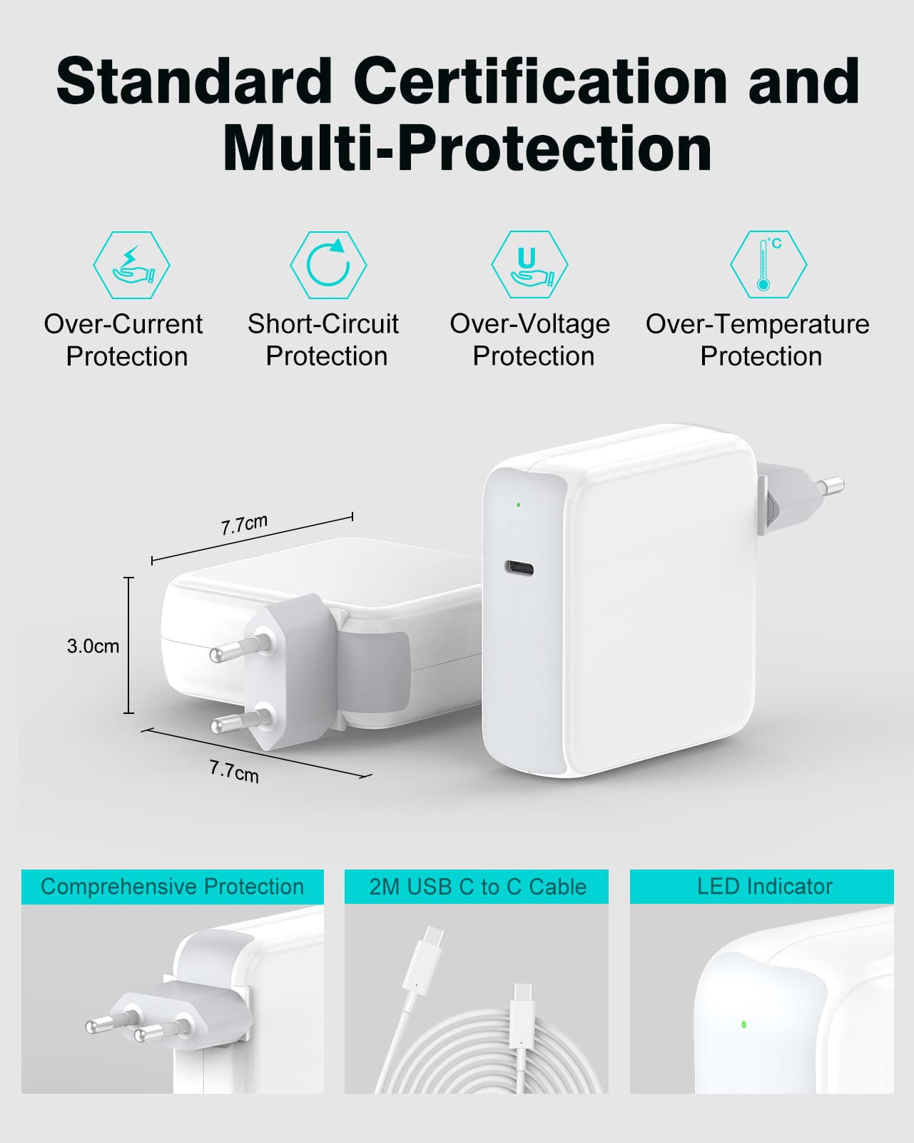 Mac Book Ladegerät, 96W USB C Ladegerät Kompatibel mit MacBook Pro 16/15/ 14/13 Zoll, MacBook Air 2020/2019/ 2018, iPad, Schnell Netzteil, 5A/100W USB C Ladekabel 4