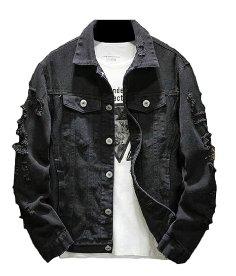 men ripped slim denim jacket