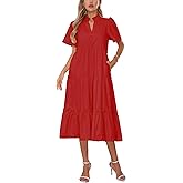 YEXPINE Women's V Neck Tiered Midi Dress Casual Short Sleeve Ruffle Flowy Summer Beach Vacation Long Dress
