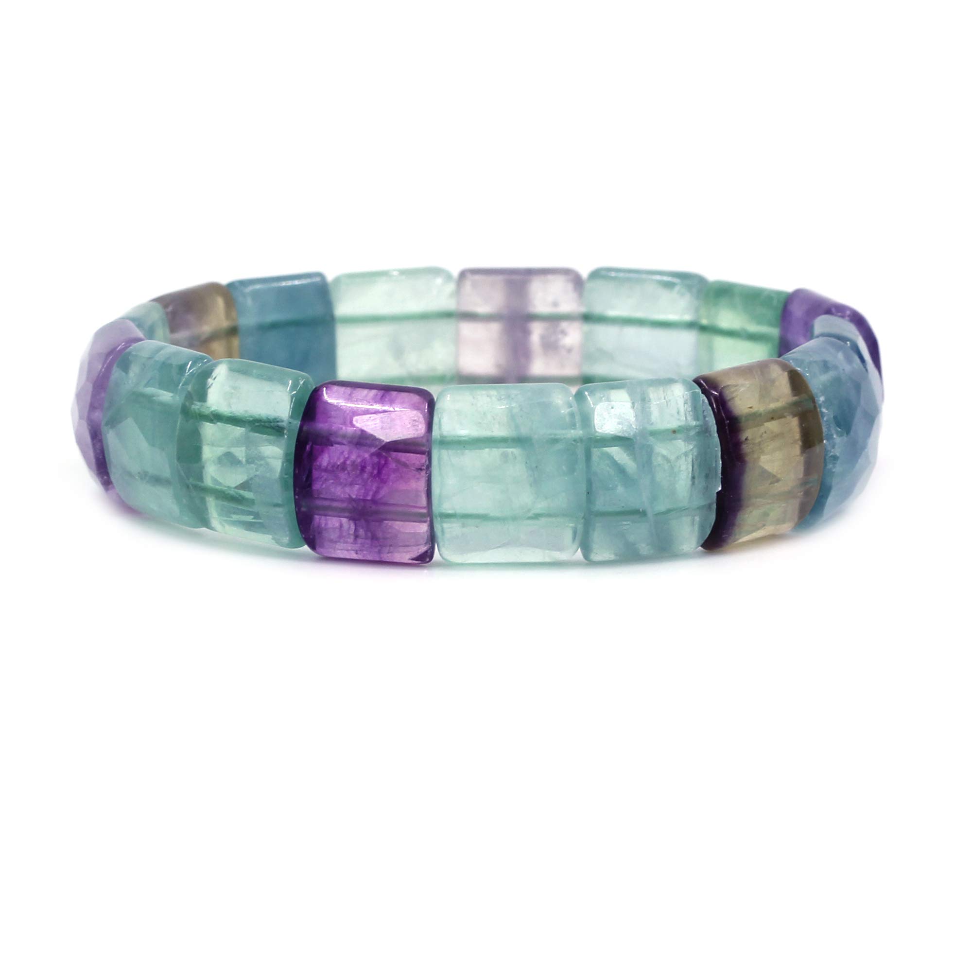 CHENYUE Natural A Rainbow Fluorite Gem Semi Precious Gemstone 15mm Faceted Square Grain Beads Stretch Bracelet 7.5 Inch