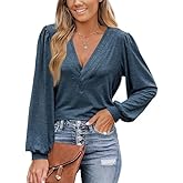 ZAAYO Women's Puff Long Sleeve Tops Deep V Neck Shirts Soft Loose Fit Elastic Blouses Dressy Casual Trendy Tunic
