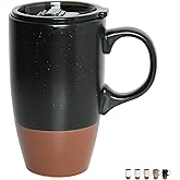 Bosmarlin Ceramic Travel Coffee Mug with Handle and Lid, 18 oz, Portable Coffee Cup for Car Cup Holder, Microwave and Dishwasher Safe (Black)