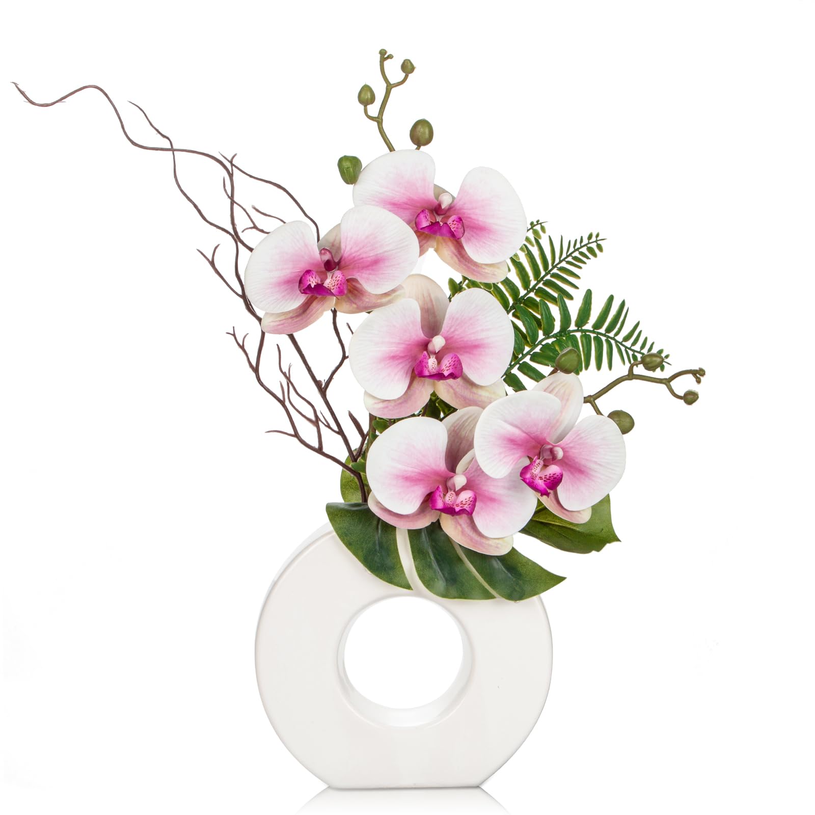 Oairse Artificial Orchid Flowers 41cm Pink Orchid Silk Flowers with Ceramic White Vase Faux Phalaenopsis Flower Arrangement for Home Office Kitchen Table Centerpiece Decoration