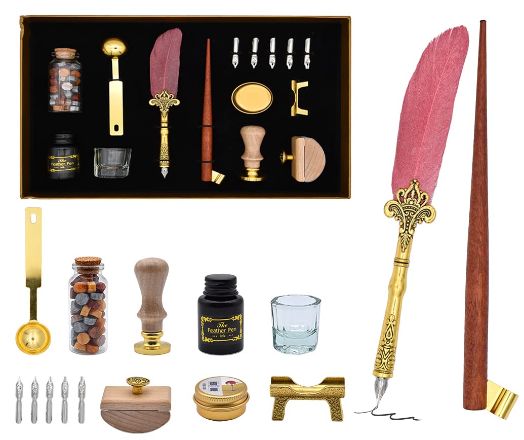 XIAOYU Vintage Feather Pen, Quill Pen and Ink Set for Beginners, Calligraphy Writing Dip Pen with 5 Replacement Nibs，Ink & Pen Holder for Writing, Drawing, Signature, Wedding, Birthday, Red