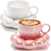 Goaste 2 Pack Ceramic Coffee Mug with Saucer Set, Cute Cloud Mug with Sunflower Coaster, 8oz Creative Latte Tea Cup for Office, Home, Coffee, Tea, Latte, Milk, Pink, Pearl White