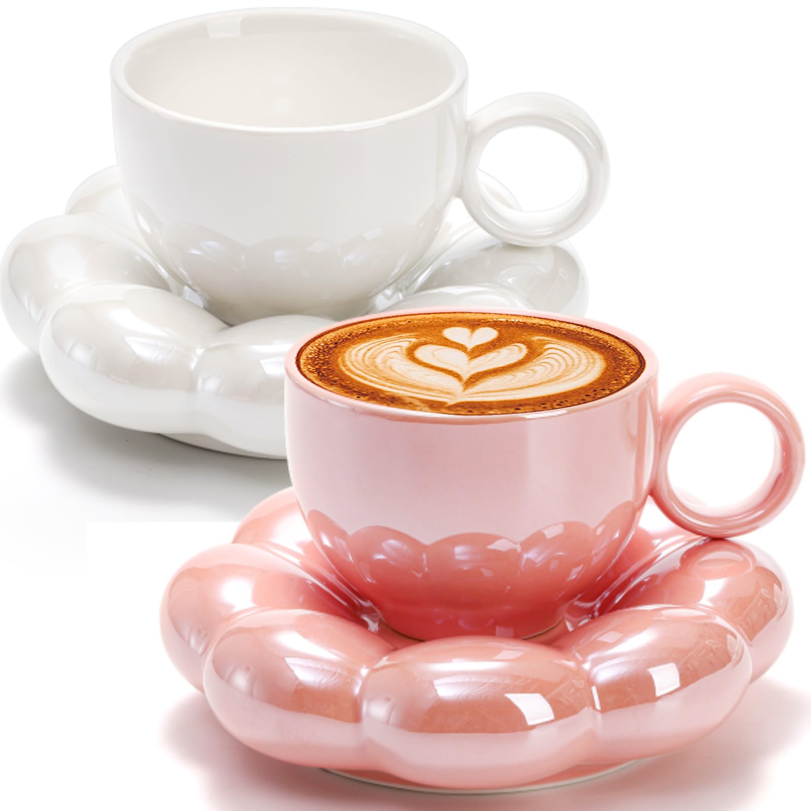 Photo 1 of Goaste 2 Pack Ceramic Coffee Mug with Saucer Set, Cute Cloud Mug with Sunflower Coaster, 8oz Creative Latte Tea Cup for Office, Home, Coffee, Tea, Latte, Milk, Pink, Pearl White