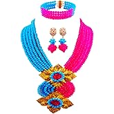 aczuv Fashion African Bead Necklace Nigerian Beads Wedding Jewelry Sets for Women (Opaque Blue Fuchsia Pink)