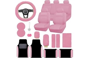 JINGSEN Car Seat Cover Full Set for Women with Waterproof Floor Mats,3D Air Mesh Car Seat Cover with 5mm Composite Sponge Inside,Universal Fluffy Steering Wheel Cover, Accessories Full SUV(Pink)