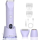 3-in-1 Bikini Trimmer for Women, IPX7 Waterproof Electric Shaver for Women-Rechargeable Electric Razors for Pubic, Facial & Body Hair Trimmer with LED Display, Travel Kit & Painless Blades (Purple)