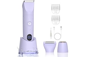 AMULISS 3-in-1 Bikini Trimmer for Women, IPX7 Waterproof Electric Shaver for Women-Rechargeable Electric Razors for Pubic, Facial & Body Hair Trimmer with LED Display, Travel Kit & Painless Blades (Purple)