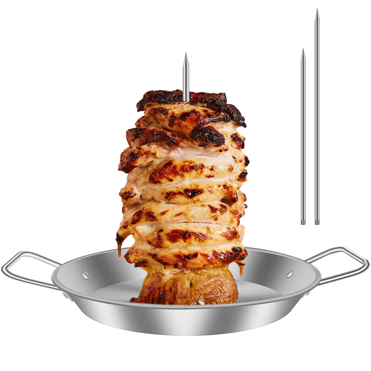 Vertical Skewer Kebab Stand Stainless Steel Kebab Skewer Pan with 8/10/12 Inch Removable Spikes, Chicken Skewers Brazilian Vertical Kebab Spike for Steak Chickens Fish Meat Shawarma (Set 2)