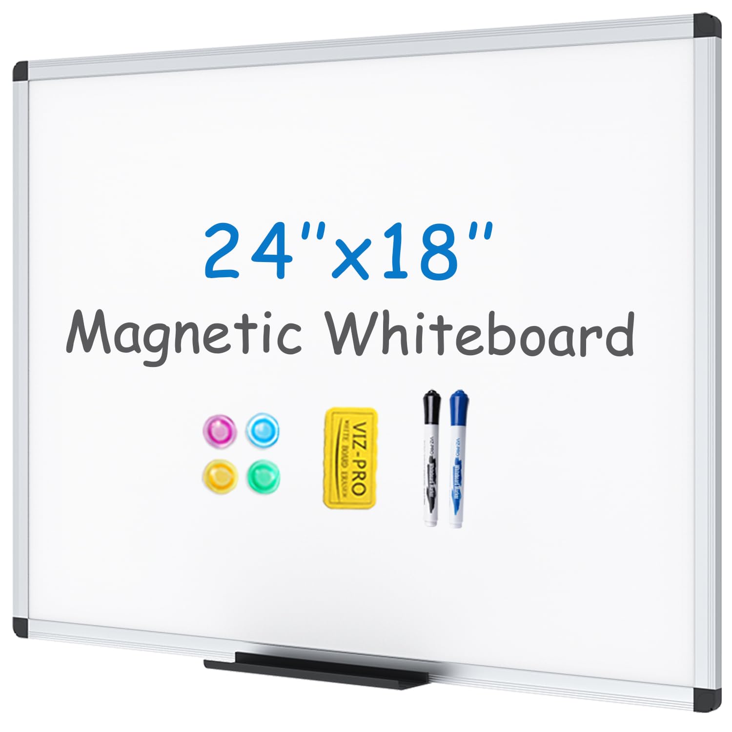 VIZ-PRO Small Magnetic Whiteboard for Wall 60 x 45 cm, Dry Erase White Board with 2 Markers, Pen Tray & Silver Aluminium Frame, Writing Board for School Office Home