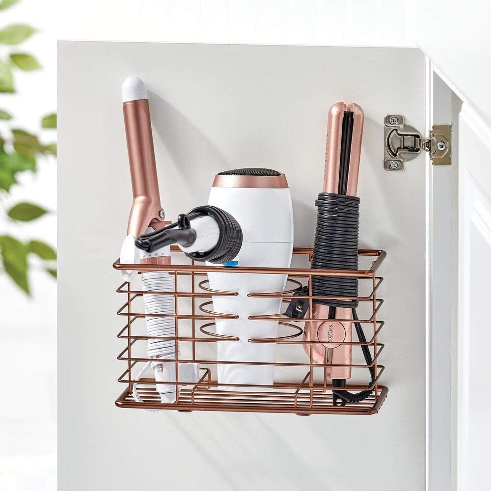 mDesign Bathroom Wall Mount Hair Care & Styling Tool Organizer Storage Basket for Hair Dryer, Flat Iron, Curling Wand, Hair Straighteners, Brushes - Durable Steel Wire in Venetian Bronze Finish: Home & Kitchen