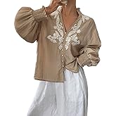 Women's Embroidered Puff Sleeve Blouse, Vintage Floral Boho V-Neck Button Down Shirts with Smocked Cuffs