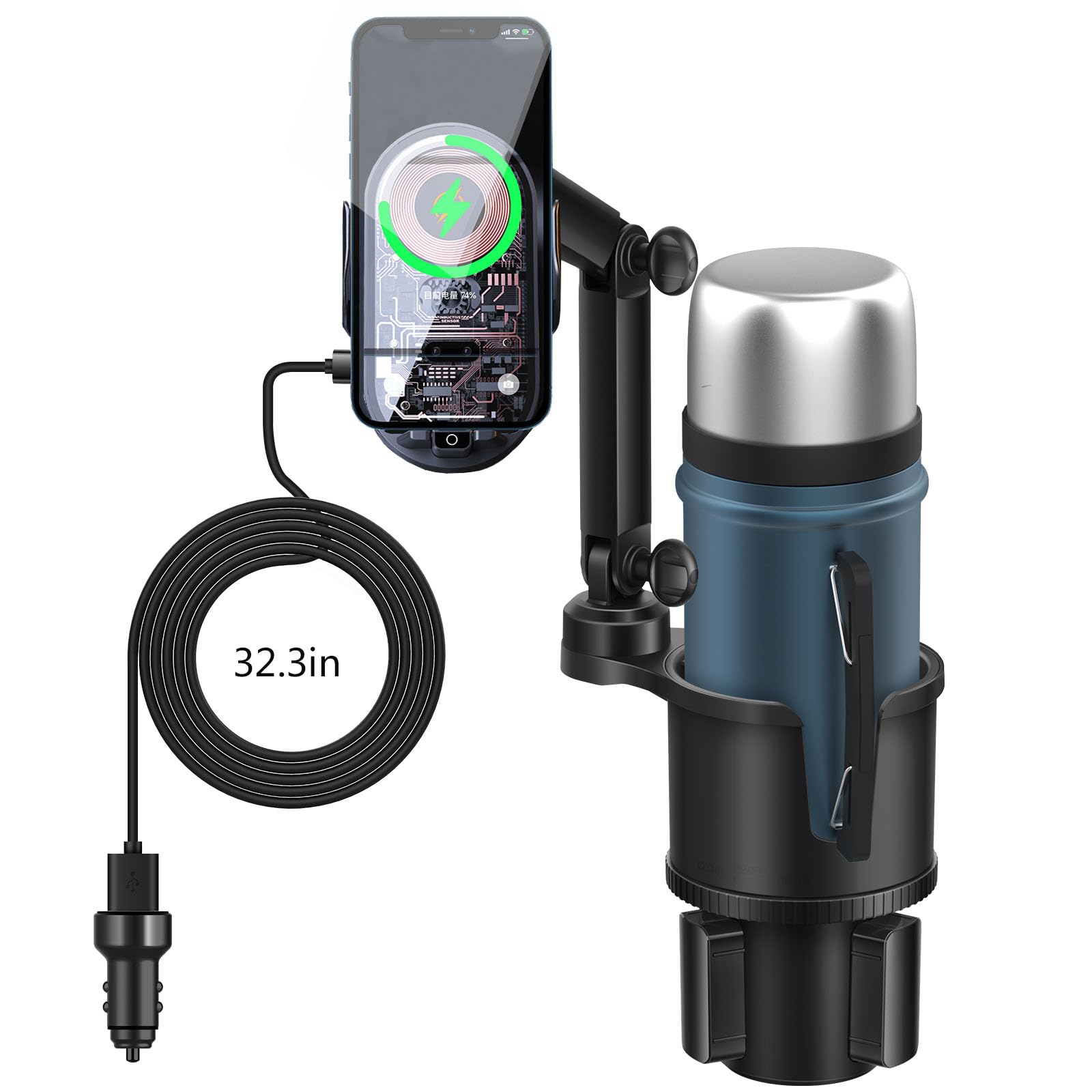 Photo 1 of Easkkty Cell Phone Cup Holder Car Wireless Charger, 3 in 1 15W Fast Charging Auto Clamping iPhone Charger for Car Cupholder with Adjustable Long Arm and 360 Rotating Mount Fit for All Smartphone