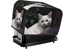 White Cat Toaster Cover 2 Slice, Waterproof Bread Machine Covers with Pockets Universal Size Kitchen Small Appliance Cover wi