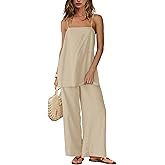 SENSERISE Linen Sets for Women 2 Piece Set Summer Beach Vacation Outfits Spaghetti Strap Tank Top and Pants Sets