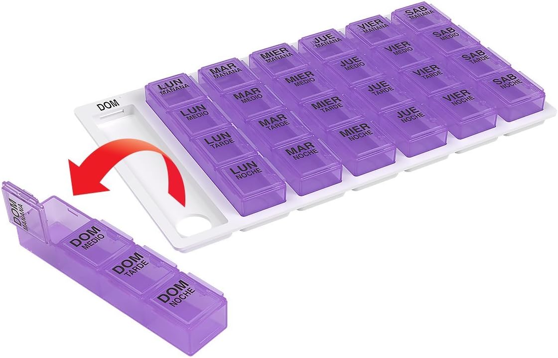 Ezy Dose Travel (7-Day) Pill, Medicine, Vitamin Organizer Box | Weekly, 4 Times a Day, AM PM | Large Removable Compartments | Assorted Colored Lids: Health & Personal Care