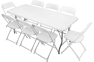 VINGLI 6 FT Plastic Folding Table Set with 8 White Folding Chairs for Picnic, Event, Training, Outdoor Activities, at Home and Commercial Use