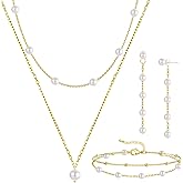 Dormklss Pearl Jewelry Set for Women Dainty Gold Plated Layered Pearl Choker Necklace Drop Earrings Link Pearls Beaded Chain Bracelets Christmas Bridesmaid Gifts