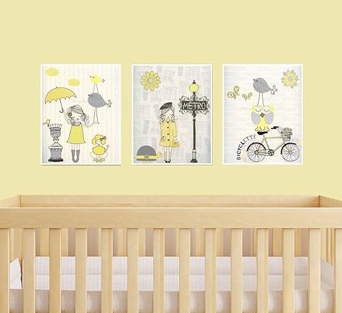 Amazon Com Nursery Decor Paris Wall Art In Yellow And Gray Set Of
