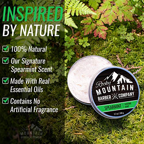 Shaving Soap - Traditional 100% Natural Spearmint Shave Soap - Long Lasting 3.7 oz for Rich & Thick Lather Shaving Cream - For All Skin Types - Made with Spearmint, Eucalyptus & Spruce Oil