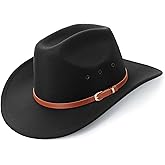 AQOKKA Western Cowboy Hats for Women Classic Felt Wide Brim Fedora Hat with Belt Buckle Retro Panama Hat Unisex Rolled up Cap