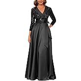 Caodip Sequin Mother of The Bride Dresses for Women Satin V Neck Elegant Long Sleeve Sparkly A Line Evening Party Dress