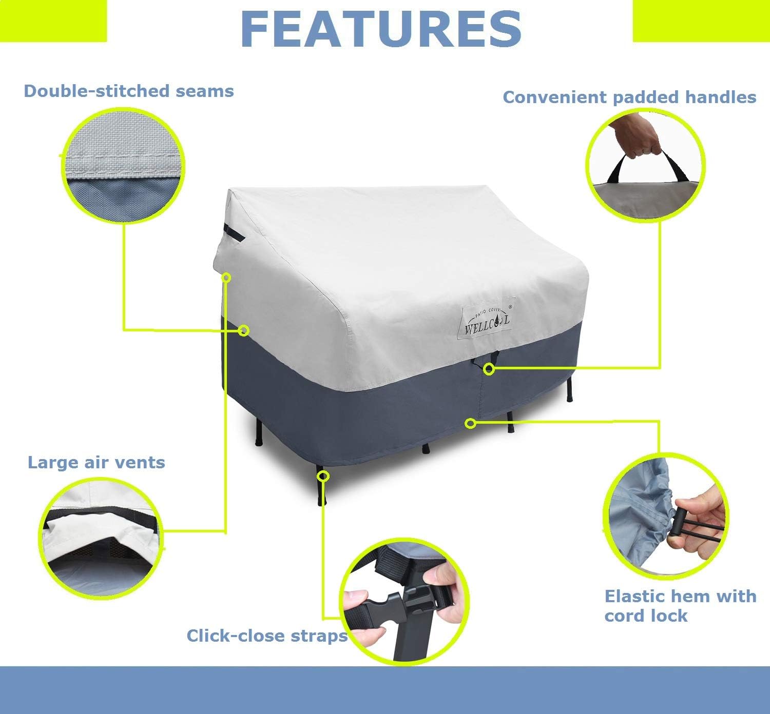 WELLCOOL Patio Loveseat Cover, 100% Waterproof Heavy Duty Outdoor Sofa Bench Cover, Patio Lawn Furniture Covers with Air Vent and Handles, 58 W x 34 D x 31 H Inches: Furniture & Decor