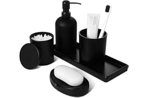 GM GMISUN GMISUN Black Bathroom Accessories Set, 5PCS Matte Black Bathroom Accessory Sets Complete, Glass Bathroom Soap Dispenser and Toothbrush Holder Set with Ceramic Tray, Modern Bathroom Counter Sink Decor