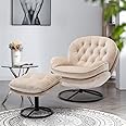 Velvet Swivel Accent Chair with Ottoman Set, Modern Lounge Chair with Metal Base Frame & Footrest, Comfortable Single Leisure Sofa Chair Reading Chair with 360 Degree Swiveling for Living Room, Beige