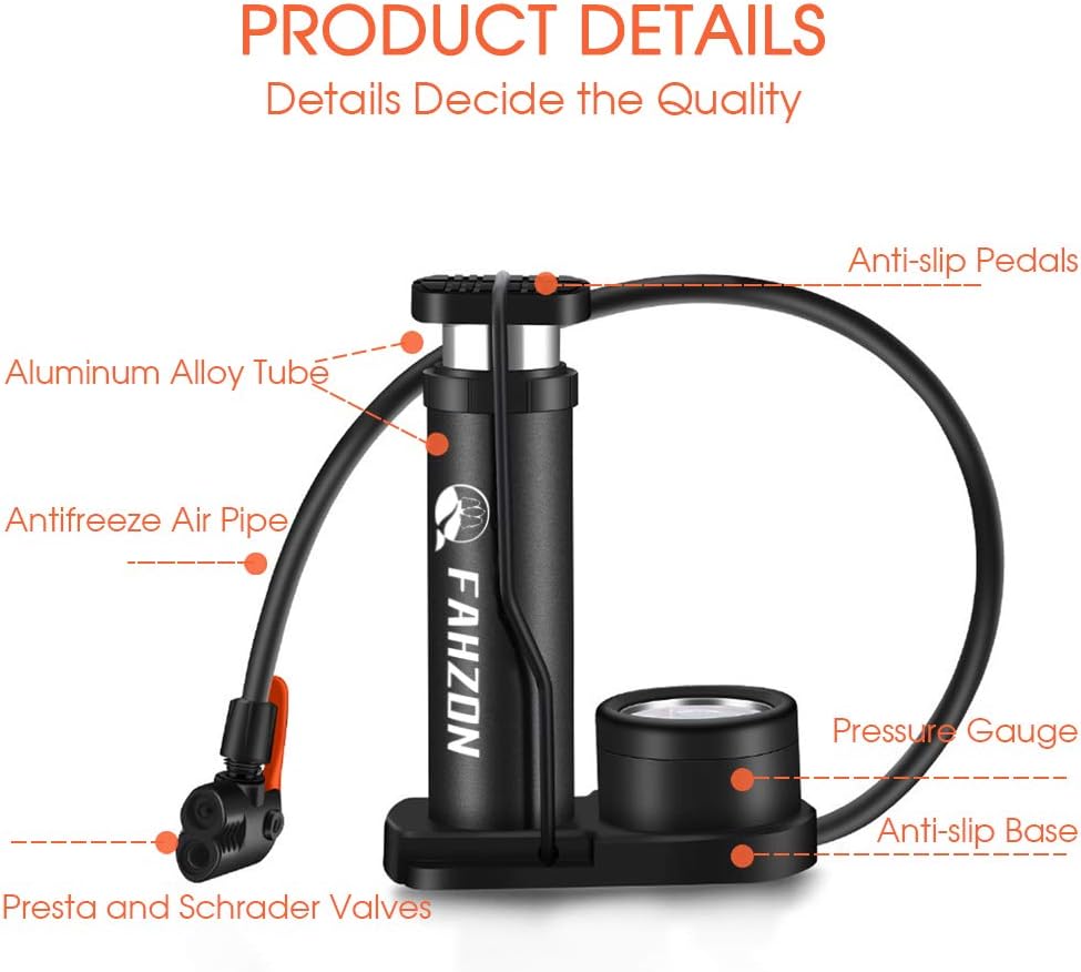 FAHZON Bike Pump Mini Portable Bicycle Foot Pump with Pressure Gauge Bike Tire Air Pump with Gas Ball Needle for All Bike, Fits Presta & Schrader Valve : Sports & Outdoors