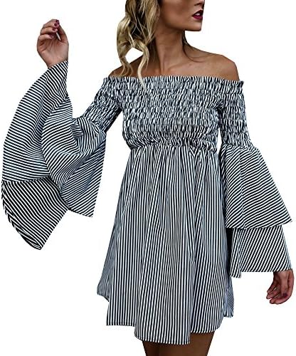 Hestenve Women's Striped Off Shoulder Ruched Bell Sleeve Dress Loose Fit T Shirt Dress