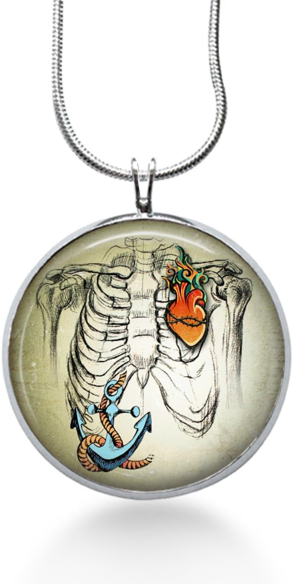 Steampunk Chest X-ray with Anchor and Heart Necklace - Handmade Jewelry - Love Pendant