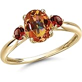 Gem Stone King 10K Yellow Gold Ecstasy Mystic Topaz and Red Garnet 3-Stone Ring For Women | 1.80 Cttw | Oval 8X6MM | Gemstone November Birthstone