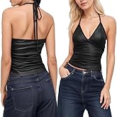 Fuimsul Women Sexy Pu Leather Tie Back Halter Top Summer Slim Fit Ruched Side Deep V Neck Sleeveless Backless Cami Shirt