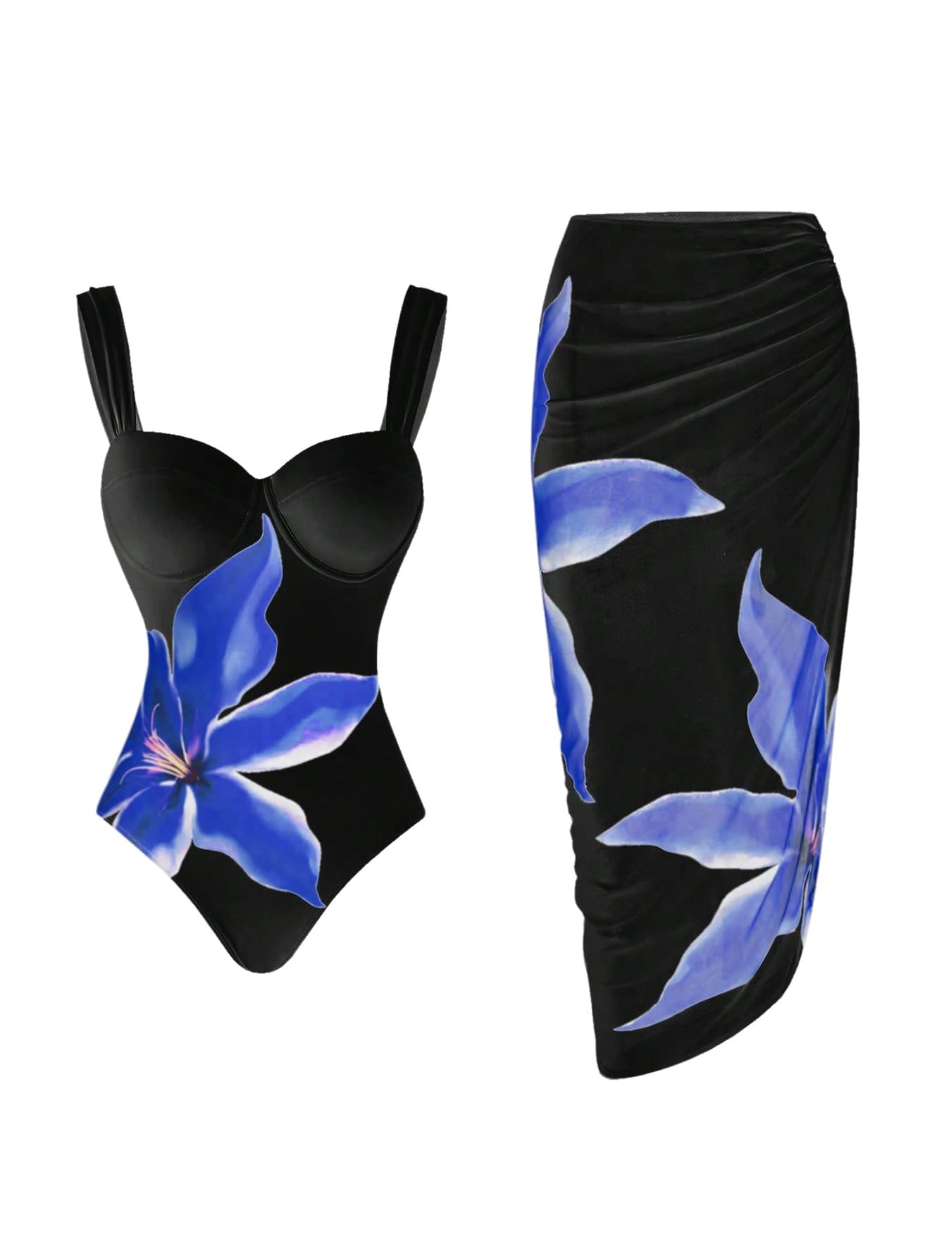 Photo 1 of SweatyRocks Women's Floral Print One Piece Control Swimsuit Monokini with Cover Up Beach Skirts Swimwear Black and Blue Large