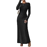 MITILLY Fall Dress for Women 2026 Long Sleeve Maxi Dress Formal Crew Neck Bodycon Ruched Cocktail Party Dresses