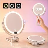 ELYYSORA 1X/30X Makeup Mirror with Lights, Rechargeable Magnifying Mirror | 7 in Tabletop, 70 LEDs, 3 Color Dimming, Battery Display, 360 Rotation, 2000mAh Battery for Desk, Dorm, Travel, Gift