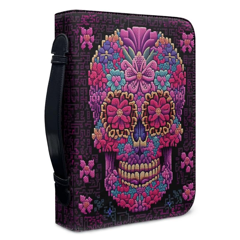 Garronmavis Pixel Skulls PU Leather Bible Case for Women, Flower Skull Skull Painting Bible Bag, Halloween Bible Protective Bags - M