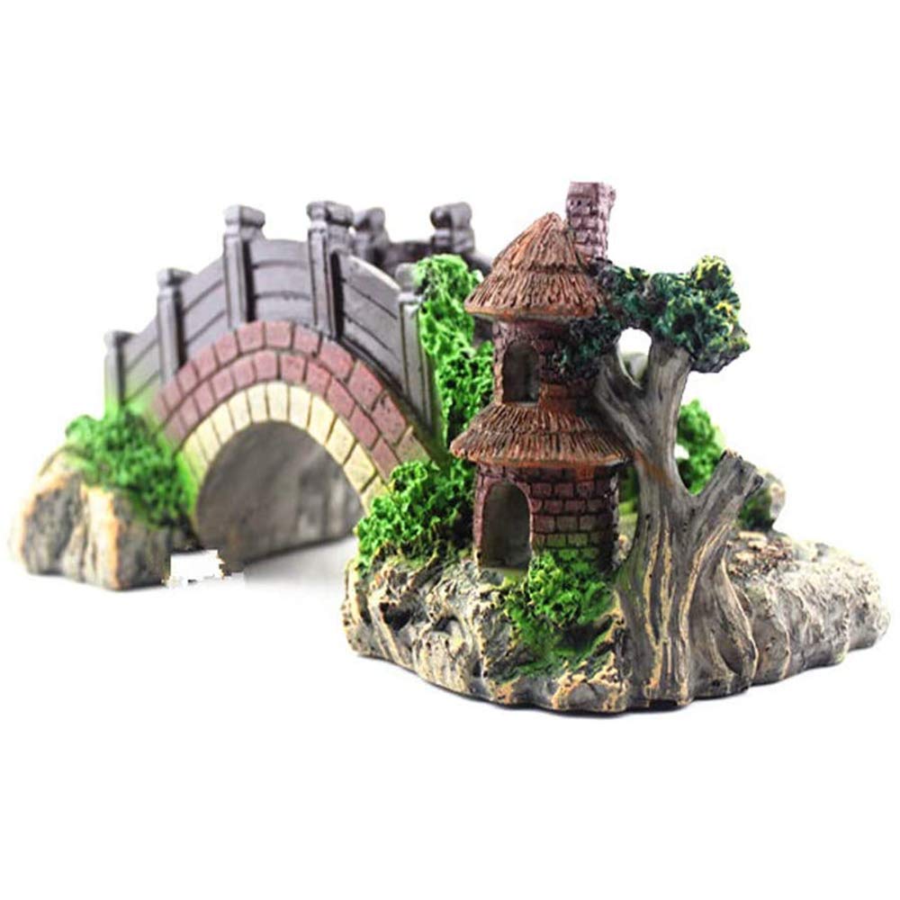 Youery Aquarium Decoration Plants with Rockery View,Aquarium Decoration Resin Arch Bridge Pavilion Tree Aquarium Garden Decor Fish Tank Landscape Ornament