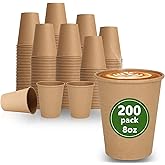 PULOSPACK 200 Pack 8 oz Brown Disposable Paper Coffee Cups, Durable Leak-Proof Kraft Paper Cups for Hot/Cold Drinks, Unbleached Paper Cups for Home, Office, Party, Cafes, Events