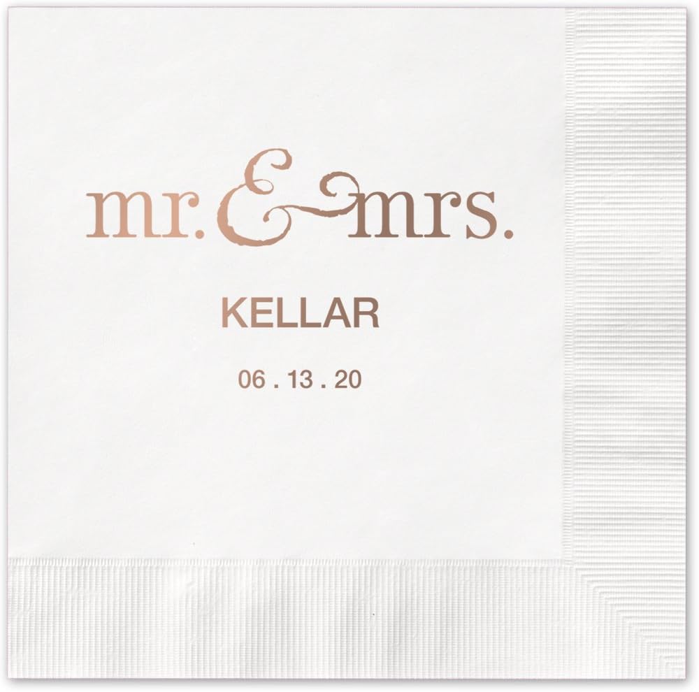 Mr And Mrs Personalized Cocktail Napkins / 100 White 3-Ply Paper 4 ¾” x 4 ¾” Beverage Napkins With Choice Of Foil