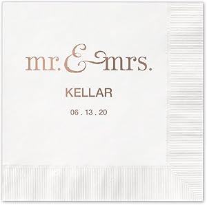 Mr And Mrs Personalized Cocktail Napkins / 100 White 3-Ply Paper 4 ¾” x 4 ¾” Beverage Napkins With Choice Of Foil